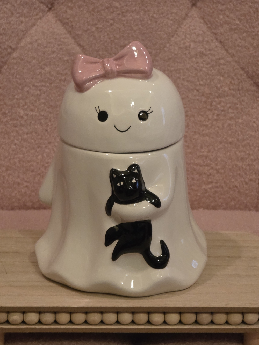 Halloween Coquette Ghost Cookie Jar with Pink Bow Holding A Cat